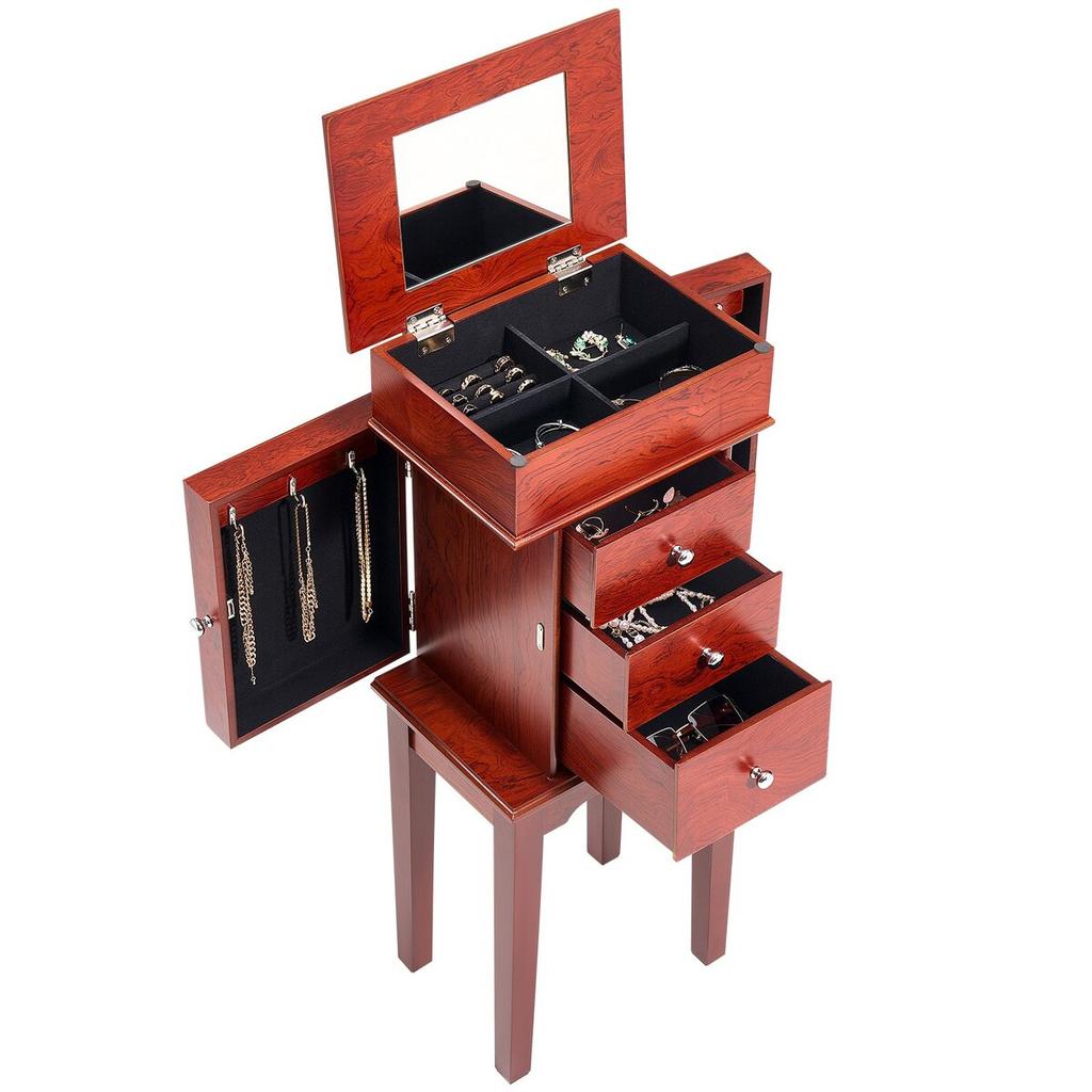 Jewelry Cabinet Armoire, Standing Wood Jewelry Storage Chest with 3 Drawers, Flip Top Mirror, 4 Top Storage Compartments, Zinc Alloy Handles, 2 Side