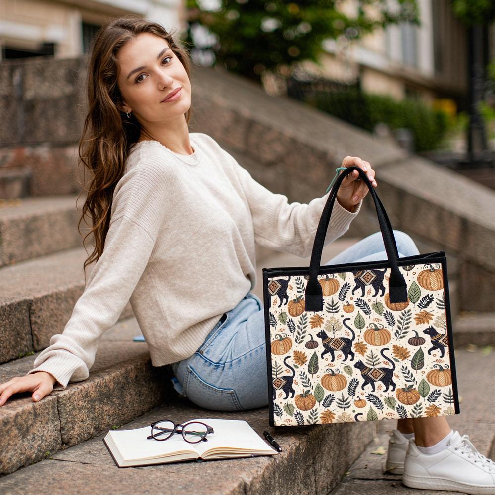 Autumn Cat Pumpkin Printed Canvas Tote Bag Casual Daily Shoulder Handbag for Shopping Travel