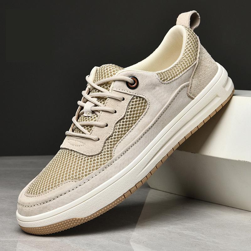 

Luxury Men Shoes Genuine Leather Casual Shoes Breathable Sneakers for Men Hollow Out Mesh Shoes Non Slip Flats Zapatillas Hombre 38 песочный