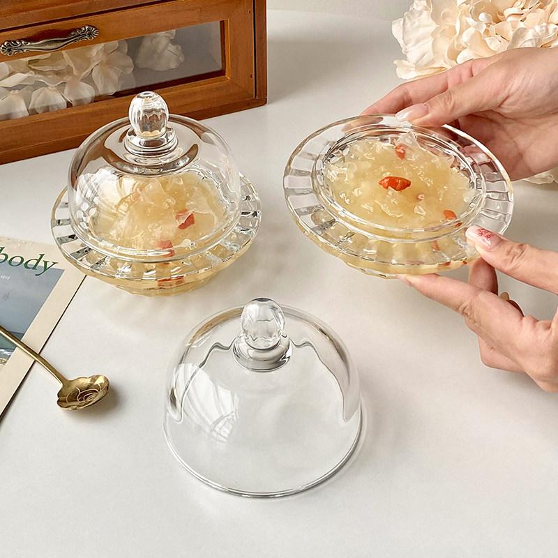 1pcs Chinese Bird's Nest Bowl White Fungus Cup Glass Belt Cover Transparent Delicate High Grade Fruit Dim Sum Dessert Soup Cup