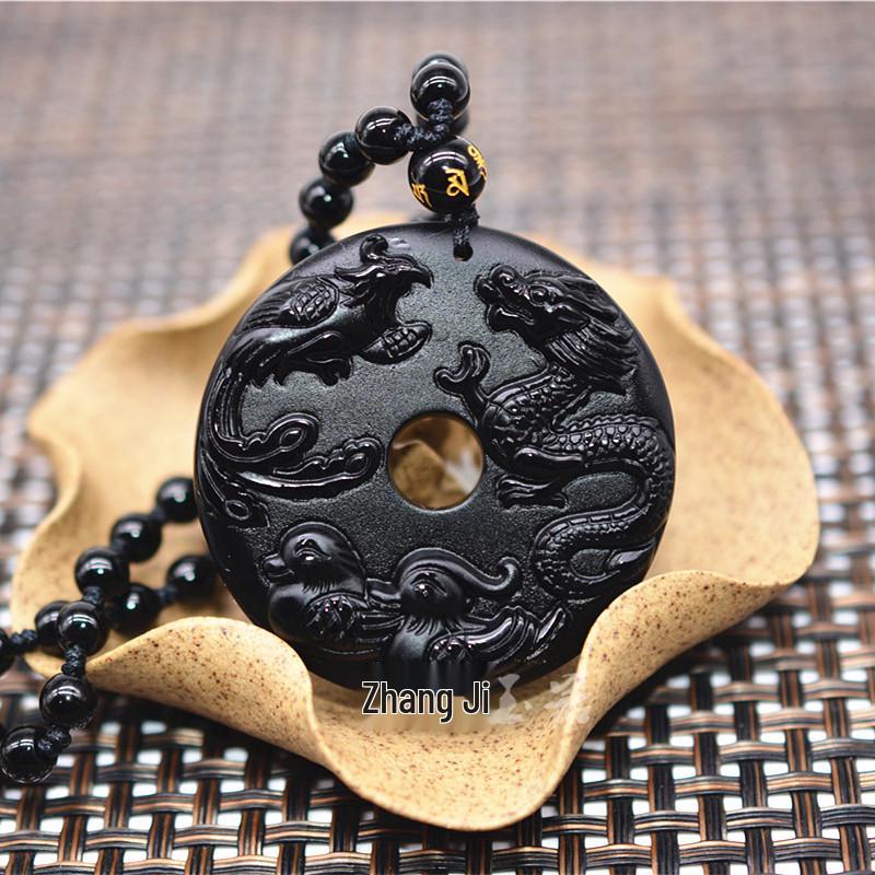 

Genuine Obsidian Dragon & Phoenix Pendant Set: Mandarin Ducks Jade Necklace for Couples Pendant Only (Diameter 34mm)