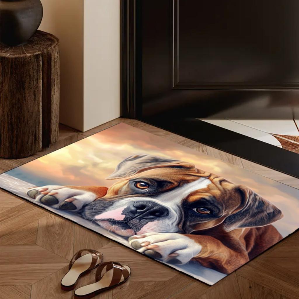 1pc 2D Flat Boxer Dog Face Close Up Realistic Portrait Flannel Door Mat Non Slip Pet Lover Rug For Entryway Hallway Floor Decor
