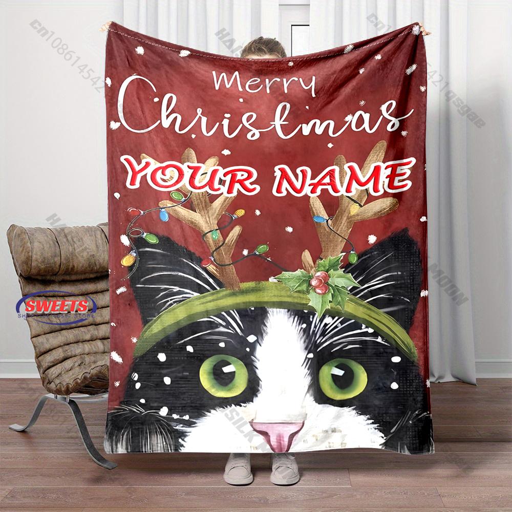 Personalized Name Custom Christmas Blanket Christmas Cat Blanket Set Suitable for Home, Sofa, Bedroom Decor Soft blanket, Gift
