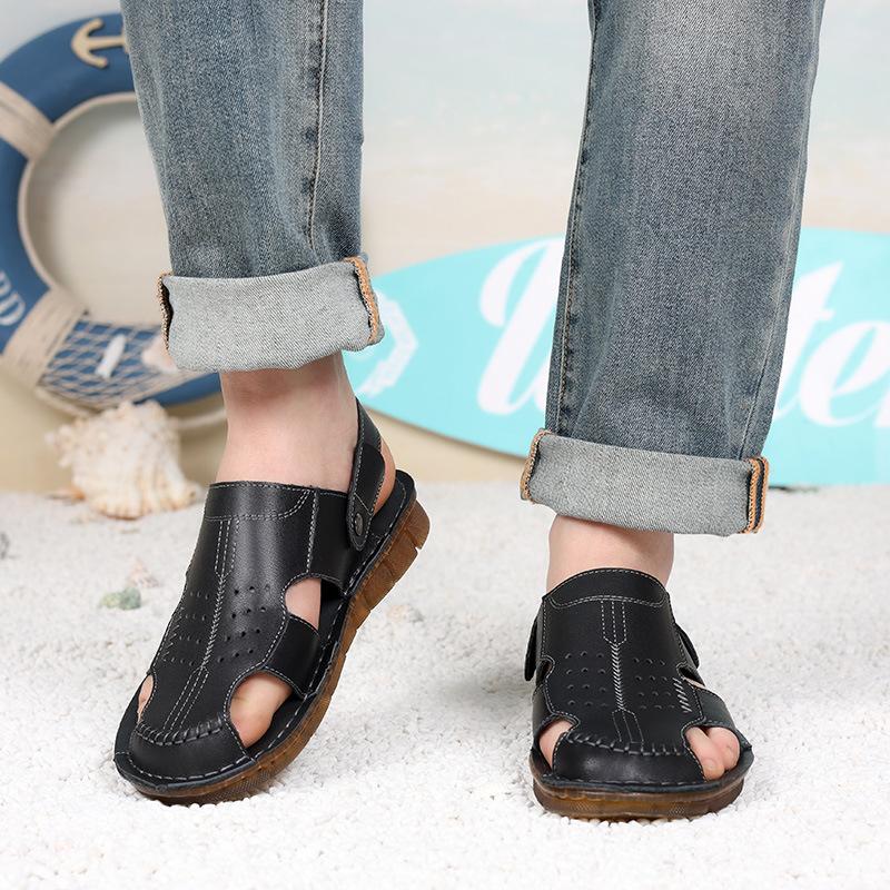 Summer new men's first-layer cowhide bag head sandals outdoor casual leather beach shoes men's breathable platform slippers
