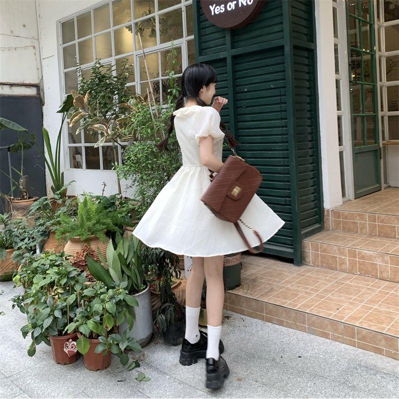 Sweet Ruffled Short Sleeve New Dress for Women Straps Waist V-neck Princess Skirt