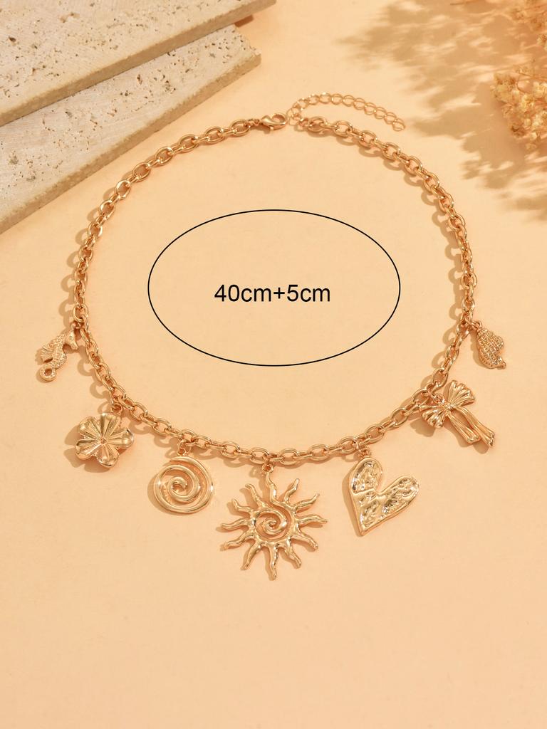 Summer Multi element Pendant Necklace Versatile Punk Style Sun Heart Flower Decoration Collarbone Chain Vintage Women Jewelry