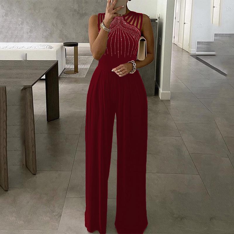 Women's Slimming Solid Color Jumpsuit with Brick Decoration - Summer Casual Long Pants