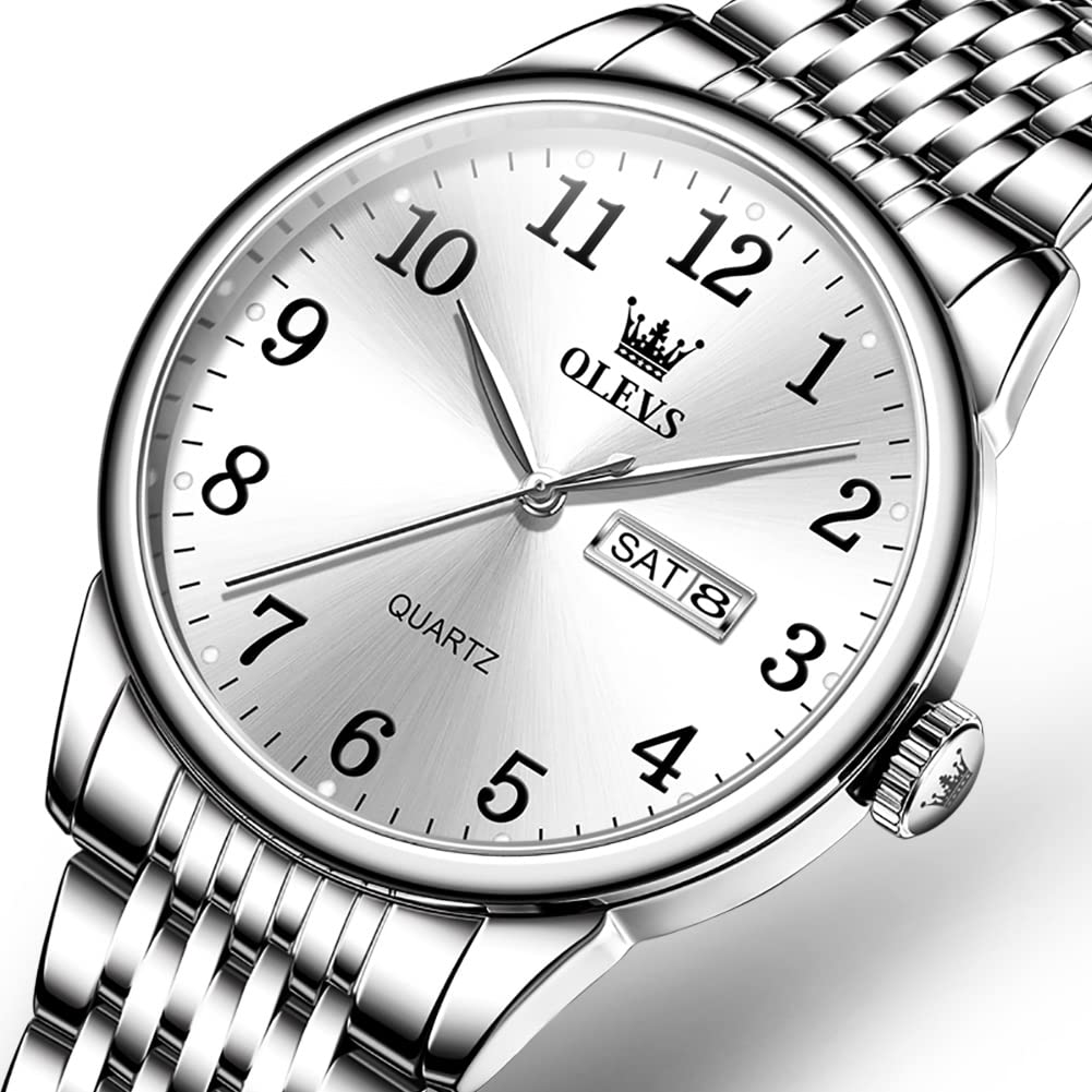 OLEVS Popular Waterproof Analog Metal Band Stainless Steel Day of the Quartz Silver Large Gift Men's Watch, Fashion, Watch, Men's Watch, Watch, Men's