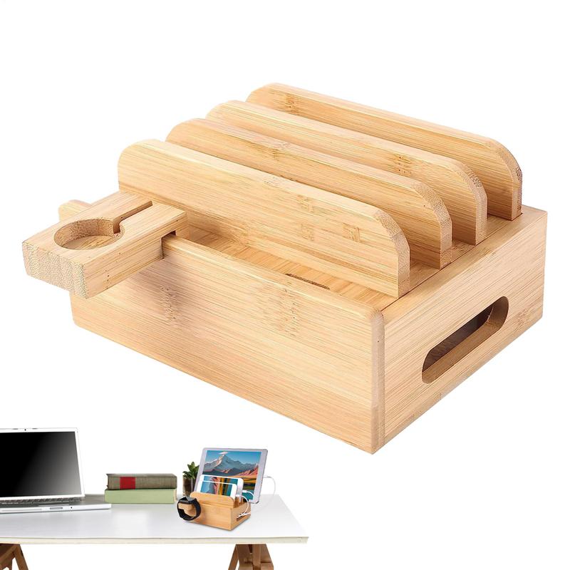 Bamboo Charging Station Organizer for Multiple Devices & Wood Desktop Docking Charging Stand Such As Cell Phone Tablets