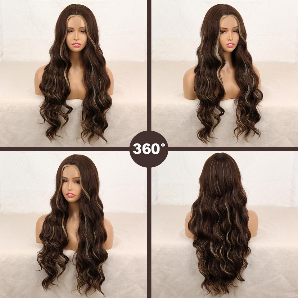 XINRAN Women Fashion Long Water Wave Wig Without Bangs Synthetic Fiber Ombre Brown Blonde Color Body Wave Lace Front Wig