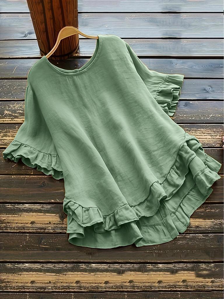 2024 Solid Color Ruffle Round Neck Short Sleeve Button Women's Shirt