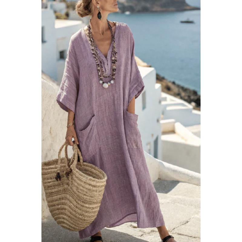 3D digital printing V-neck five-quarter sleeve long pocket Kaftan dress