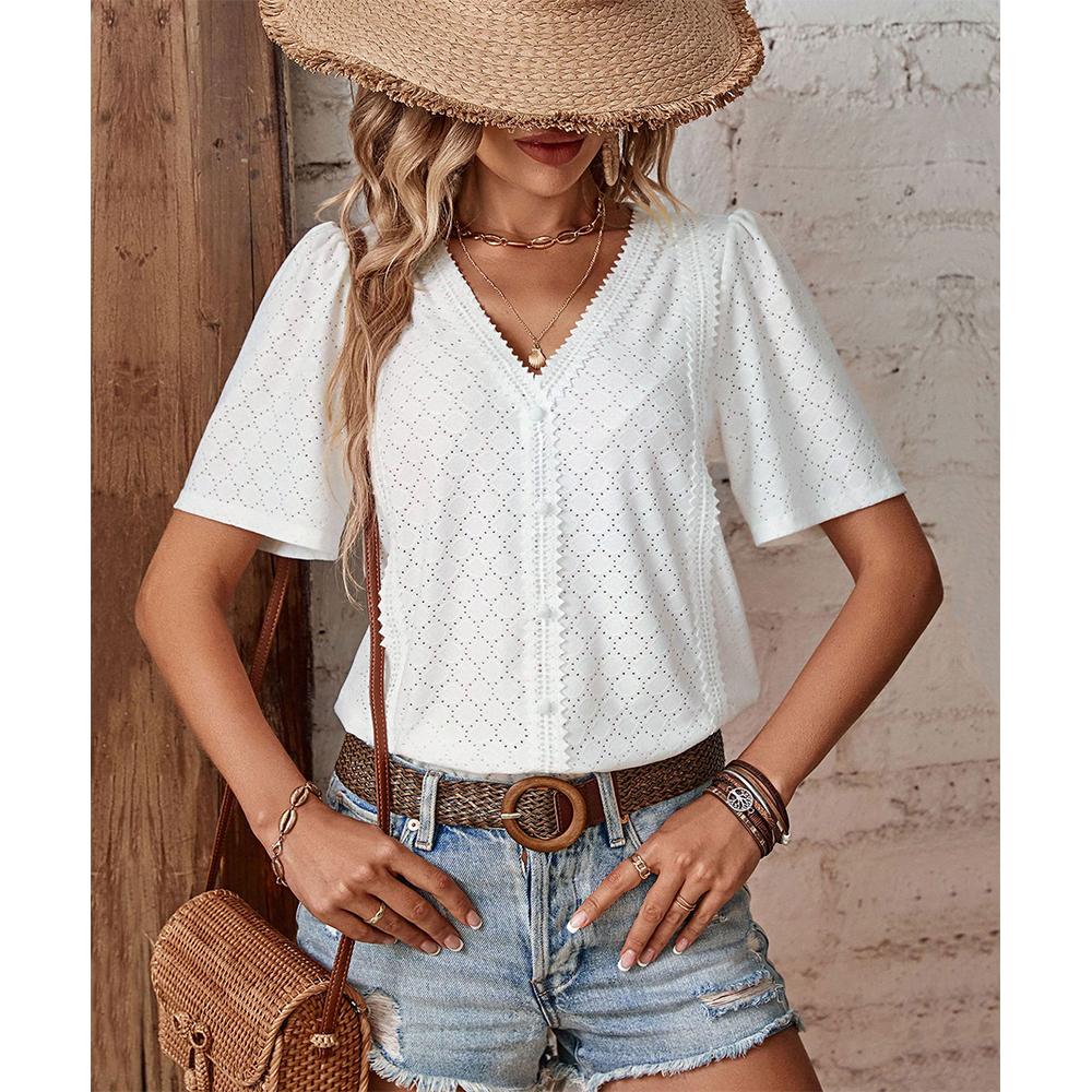 Dressy Summer Eyelet Tops for Women Short Sleeve Lace V Neck Tunic Blouse Loose Button Up Casual Tee Shirts