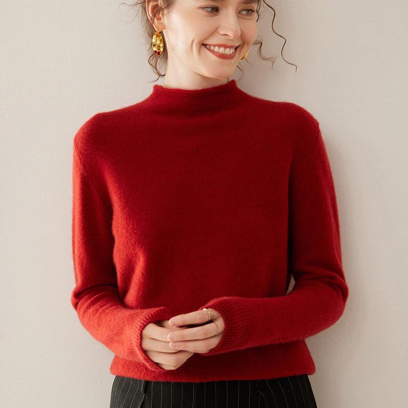 Women's Cashmere Rolled Hem Turtleneck Sweater: Pure, Double-Ply, Thick Knit, Short, Loose, Versatile Base Layer