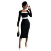 New European and American Women's Clothing Splicing Contrasting Color Medium and Long Dress Sexy Hip-wrapped Long-sleeved Dress