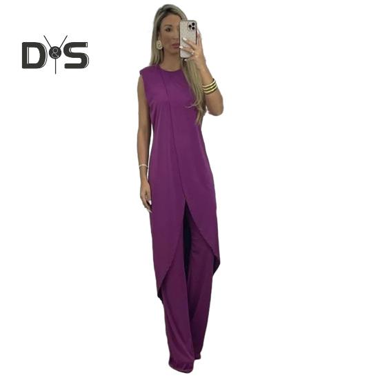 

Женский комплект из 2 шт./компл., топ, брюки, неровный подол, широкий штанин, однотонный, мягкий, с круглым вырезом, свободная длинная блузка без рукавов, комплект брюк L темно-фиолетового