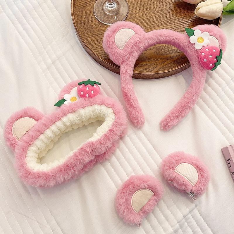 Strawberry Bear Plush Ears Headband Cartoon Face Wash Non-Slip Cute Headdress