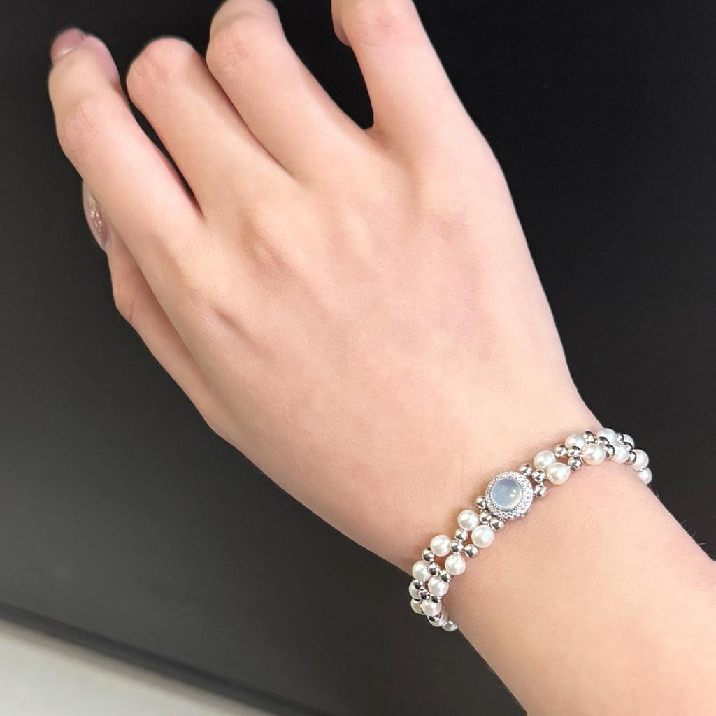 S911 Sterling Silver Aquamarine Woven Bracelet Fashionable Light Luxury High Sense Natural Freshwater Pearl Beaded Jewelry Handmade