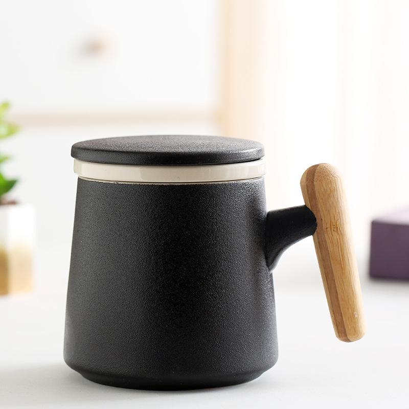 Ceramic Wooden Handle Mug with Lid Tea Separating Cup Office Water Cup Advertising Gift