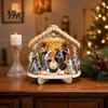 Teak Wood Jesus Birth Figurines Nativity Scene Wooden Tabletop Sign, Christmas Manger Holy Family Figurine Decor, Holiday Home Accents Religious Xmas