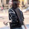 Herbst und Winter Rundhals Kontrastfarbe Leder Baseballjacke Damen Locker Lässig Mode Lederjacke Oberteil