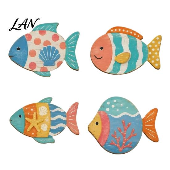 Coastal Wall Art Decor 4PCS Aspen Wood Fish Decor, Colorful Hanging Vintage Distressed Sculptures Art, Beach Theme Decorative Plaques for Bathroom