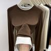 High Elastic Long Sleeved T Shirt for Women Contrasting Layered Fake Two Piece Style Bottoming Shirt Autumn Winter