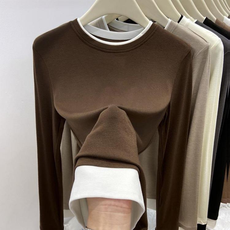 High Elastic Long Sleeved T Shirt for Women Contrasting Layered Fake Two Piece Style Bottoming Shirt Autumn Winter