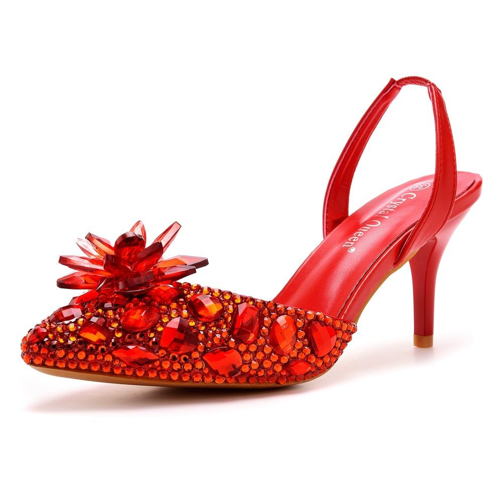 7cm Silver Light Mouth Pointed Sandals Rhinestone Glass Flower Thin Heel Sandals Large Size Wedding Shoes Bride Wedding Women's Shoes