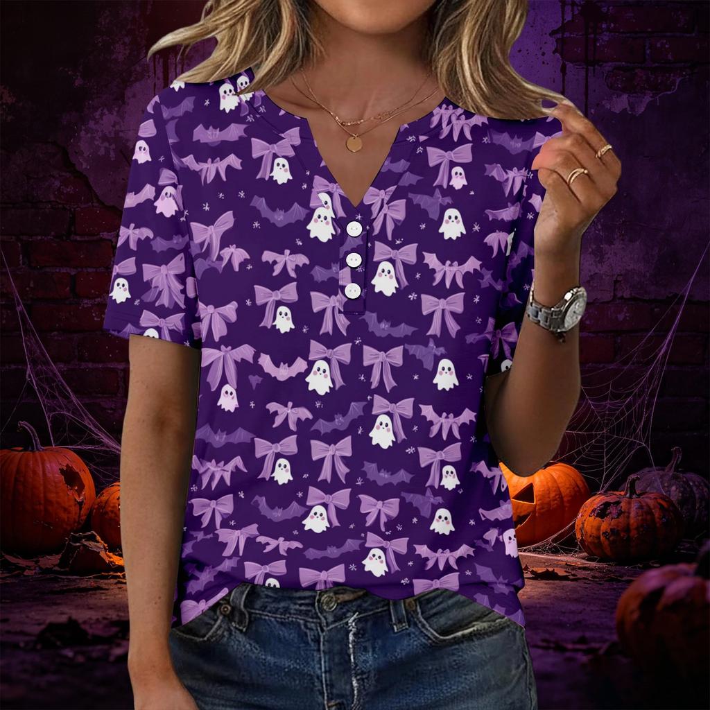 Womens Casual Halloween Print V Neck Short Sleeve Button Decor T Shirt Top Lightweight Comfortable Fit