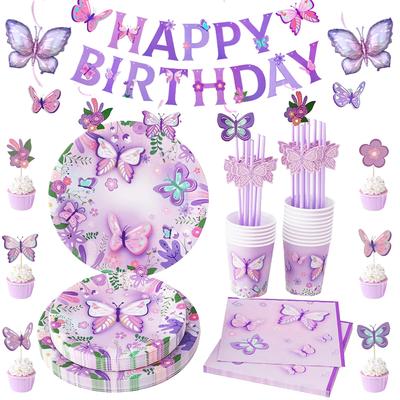 Růžový Fialový Motýl Jednorázové nádobí Papírový talíř Šálek Ubrousek Banner Motýl Narozeninová párty Dekorace Baby Shower Wedding Supp