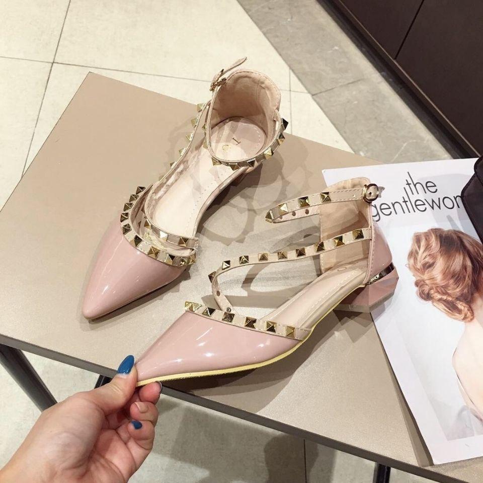 2025 Spring Summer Shoes Women Low Heels Fashion Brand Pointed Toe Rivets Elegant Ladies Heel 3cm Black Red Plus Size 41