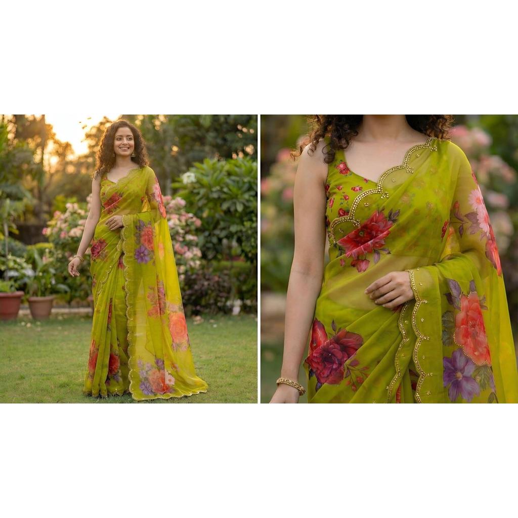 It has all over Digital print with  *handwork (Khatli) work  Digital printed saree.