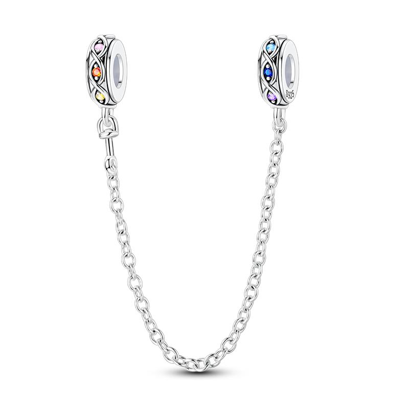 Copper Classic Safety Chain Heart Inlaid Colorful Zirconium Sun Moon Charms Bead Fit Original Bracelet Diy Jewelry