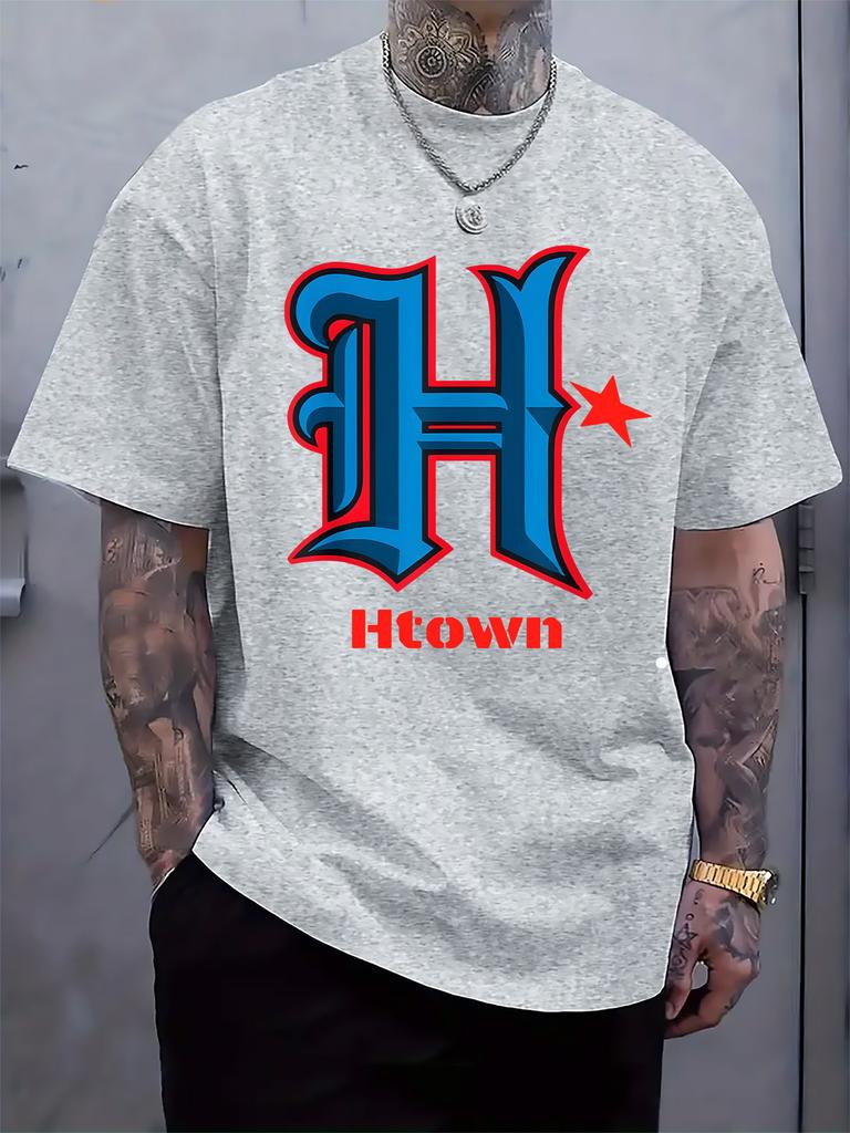Casual "Htown" Graphic Tee - White Crew Neck Short Sleeve T-shirt with Blue & Red "H" Design