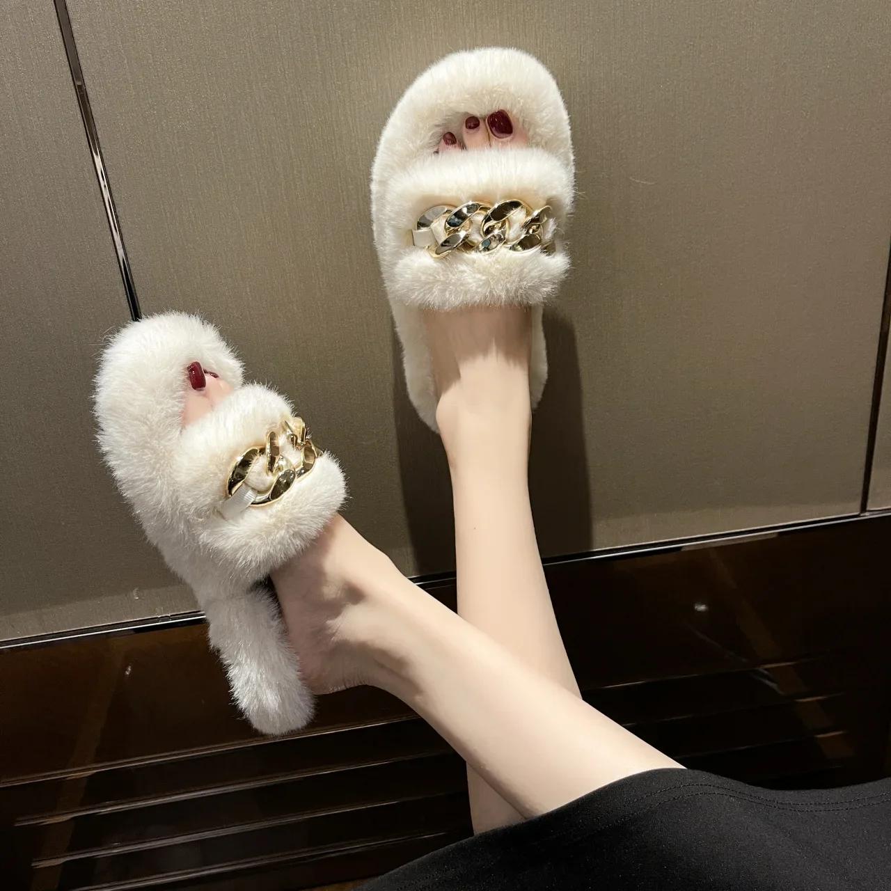 Зимние тапочки женские цепочные толстые подошвы плюшевые тапочки модные женские уличные — фото 4
