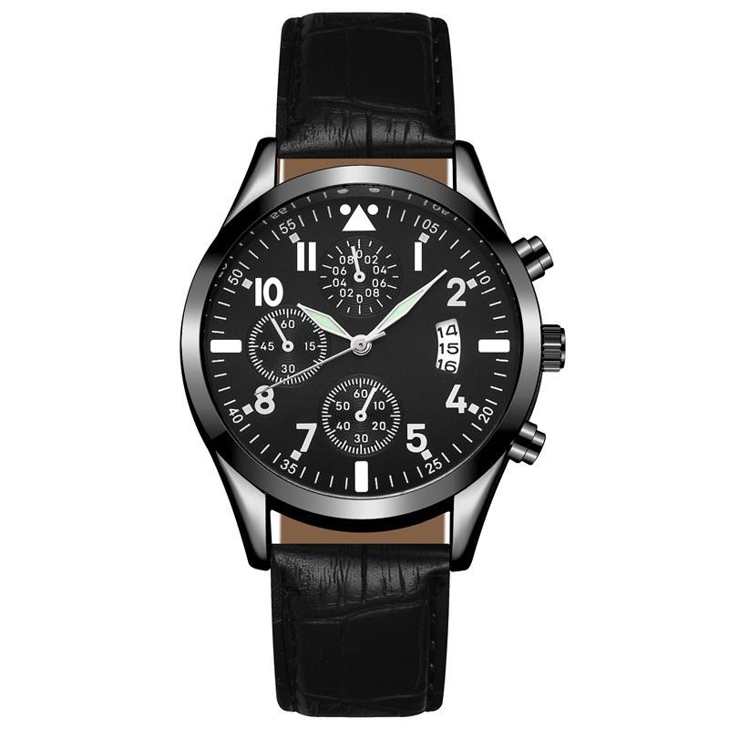 Stylish Men's Watch With Night Light And Calendar Quartz Pointer Display Leather Strap 98001 Belt Style)