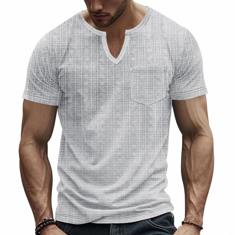 Mens Casual Textured V Neck Henley T Shirt Short Sleeve Pocket Tee