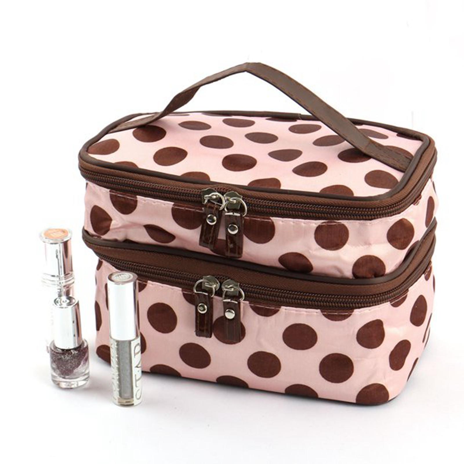 

Дорожня косметичка-органайзер, подвійний шар у крапковий візерунок, чохол-чохол із дзеркалом для жінок One Size рожевий