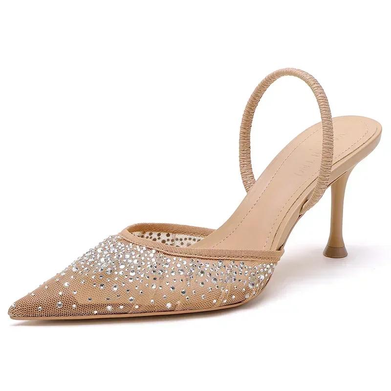 

Fashion Summer Shiny Rhinestone Mesh Heeled Sandals Women Luxury Women Pumps Sexy Pointed Toe Slingbacks High Heels Elegant Dress Shoe 42