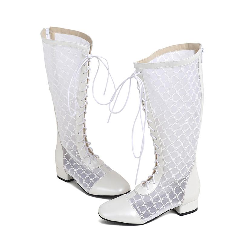 Stylish Summer Tall Boots Knee High Women Square Toe Lace Up Mesh Gladiator Sandals Block Low Heel Zipper Shoes