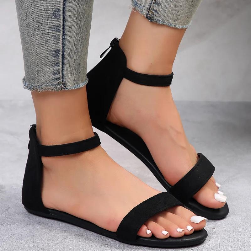 Fashion Women Simplicity Flat Sandals Solid Color Double Broadband Fish Mouth Peep Toe Summer Shoes Back Cutout Zipper Elegant