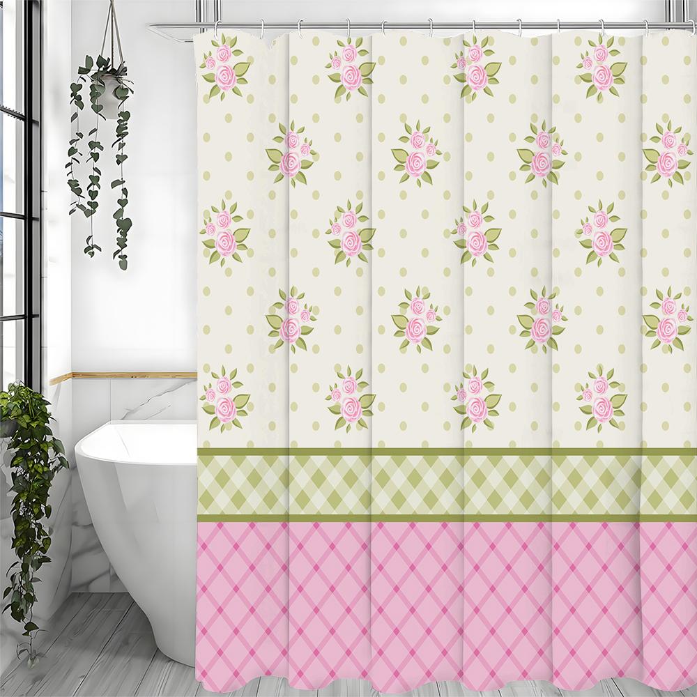 Pink Green Checkered Floral Shower Curtain, Bathroom Decorative Shower Curtain, Waterproof Shower Curtain with Hooks