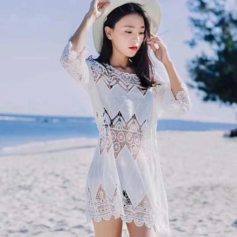 

Летнее женское пляжное мини-белое платье, элегантное однотонное пляжное платье с коротким рукавом и круглым вырезом, кружевное крючком с цветочным принтом, Vestidos One Size белый