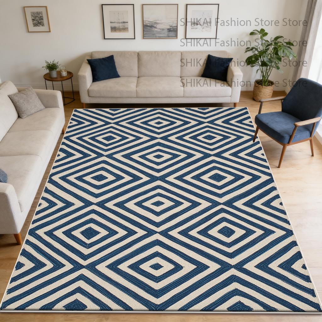 Blue Modern Geometric Style Big Living Room Rug Decoration Laundry Room Antiskid Fluffy Carpet Easy Clean Short Velvet Floor Mat