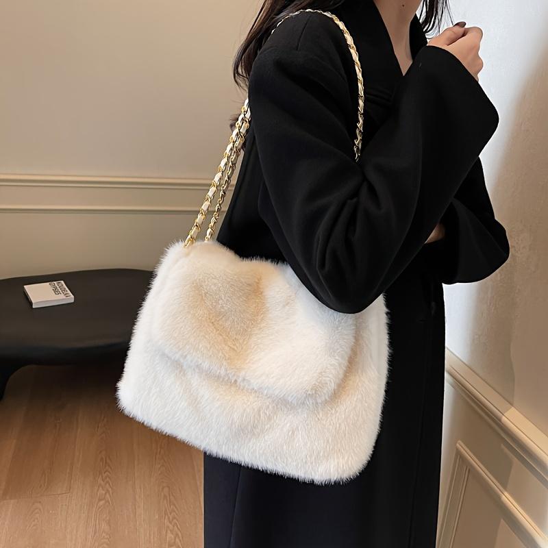 Chic Olive Green Plush Shoulder Bag With Chain Strap Magnetic Closure Faux Fur Crossbody Handbag For Women