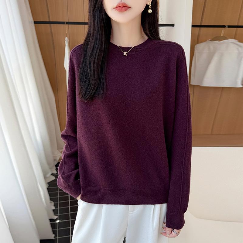 Women's 100% Wool Round Neck Long Sleeve Knitwear - Stylish Slimming Pullover for Autumn/Winter