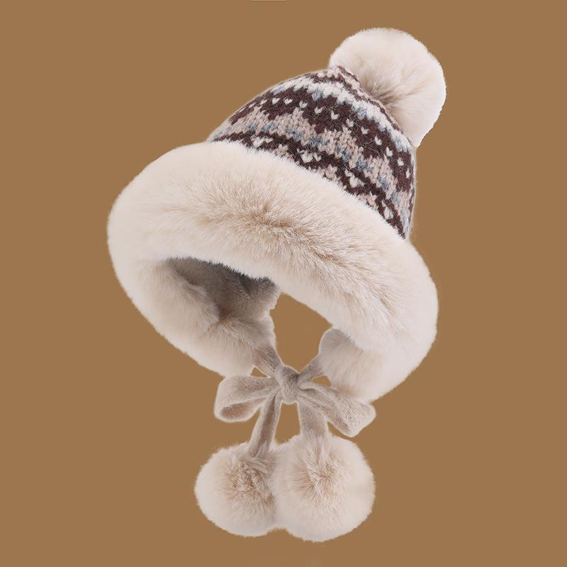 New Winter Knitted Plush Ear Protection Hat Thickened Plush Warmth Lei Feng Hat National Style Cold Proof Hair Ball Big Head Circumference