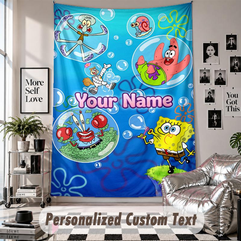 Wall Hanging Tapestry With Custom Name & Text, SpongeBob Decorative Tapestry For Bedroom