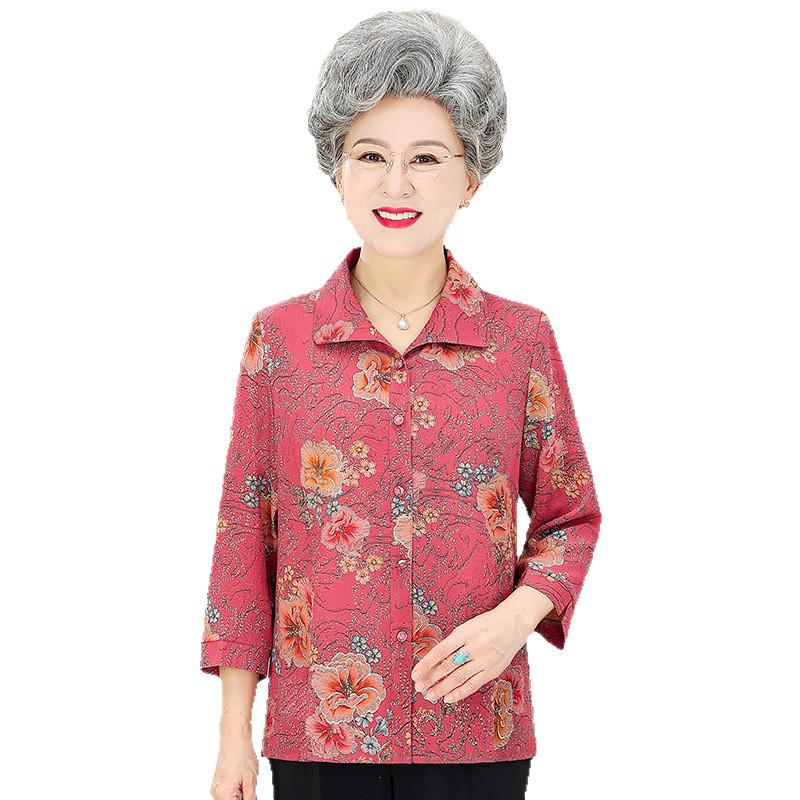 Plus Size Summer Lapel Shirt for Elderly Women, Three-Quarter Sleeves, 60-70 Year Olds